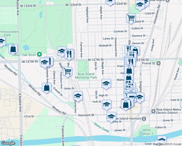 map of restaurants, bars, coffee shops, grocery stores, and more near 12761 Highland Avenue in Blue Island