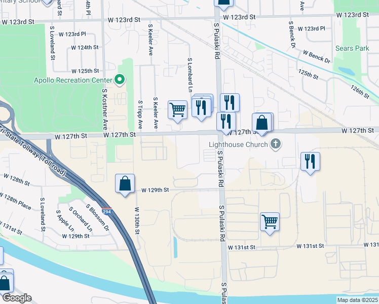 map of restaurants, bars, coffee shops, grocery stores, and more near 4127 West 127th Street in Alsip