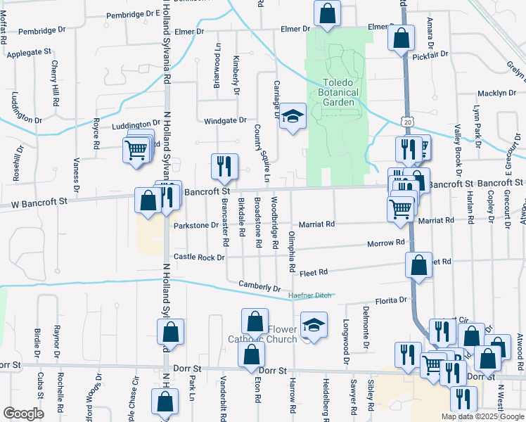 map of restaurants, bars, coffee shops, grocery stores, and more near 2128 Woodbridge Road in Toledo