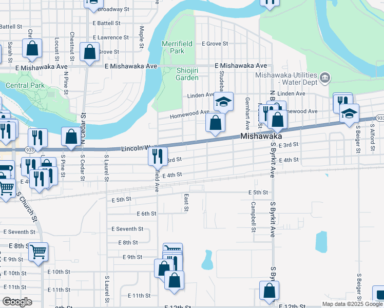 map of restaurants, bars, coffee shops, grocery stores, and more near 1016 East 3rd Street in Mishawaka