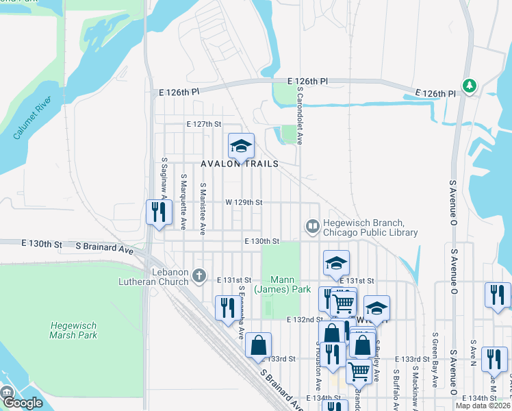 map of restaurants, bars, coffee shops, grocery stores, and more near 12900 South Exchange Avenue in Chicago