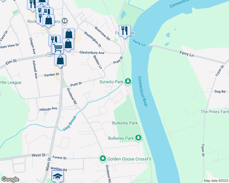 map of restaurants, bars, coffee shops, grocery stores, and more near 55 Brookwood Drive in Rocky Hill
