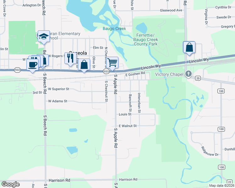 map of restaurants, bars, coffee shops, grocery stores, and more near 117 East Superior Street in Osceola