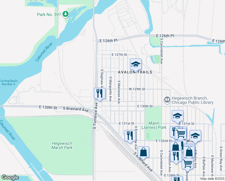 map of restaurants, bars, coffee shops, grocery stores, and more near 12901 South Marquette Avenue in Chicago