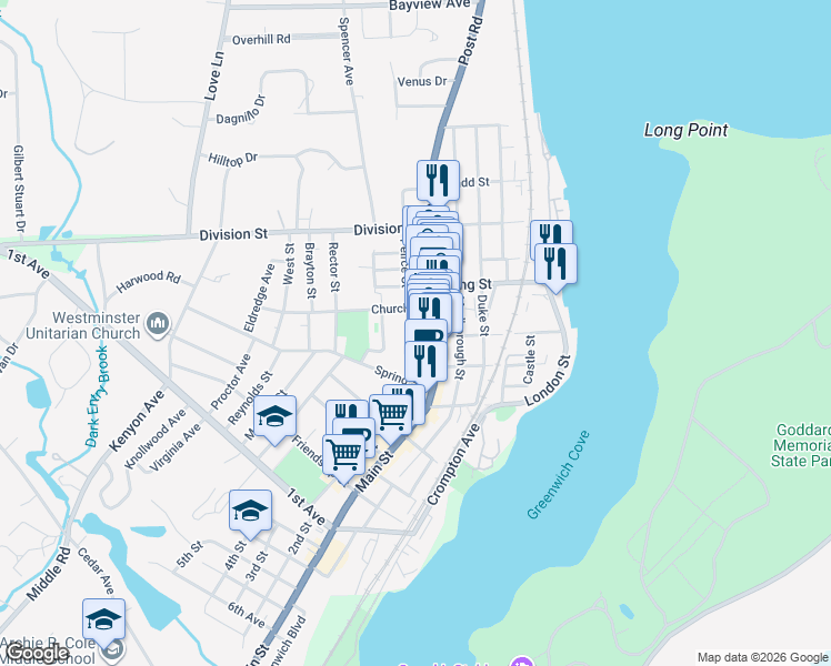 map of restaurants, bars, coffee shops, grocery stores, and more near 100 Peirce Street in East Greenwich