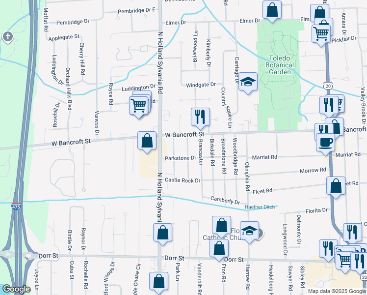 map of restaurants, bars, coffee shops, grocery stores, and more near 2119 Sandown Road in Toledo