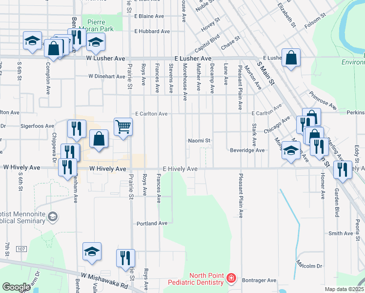 map of restaurants, bars, coffee shops, grocery stores, and more near 2533 Morehouse Avenue in Elkhart