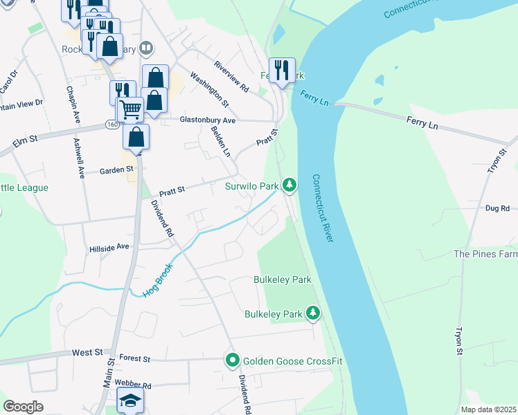 map of restaurants, bars, coffee shops, grocery stores, and more near 55 B Brookwood Drive in Rocky Hill