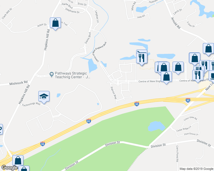 map of restaurants, bars, coffee shops, grocery stores, and more near 19225 Patriot Way in West Greenwich