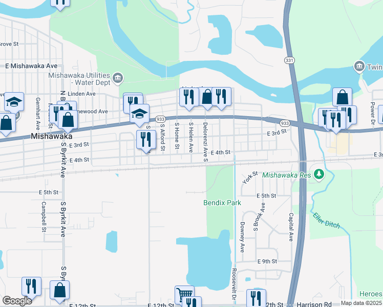 map of restaurants, bars, coffee shops, grocery stores, and more near 1900 East 4th Street in Mishawaka