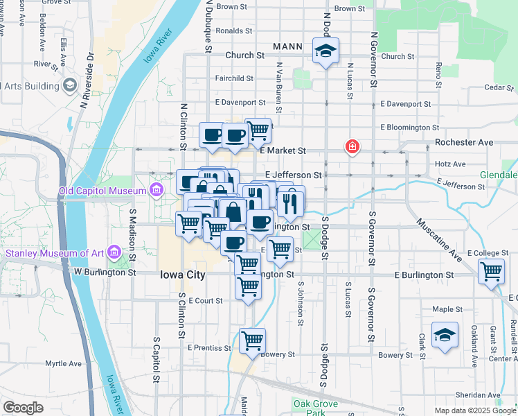 map of restaurants, bars, coffee shops, grocery stores, and more near 10 South Gilbert Street in Iowa City