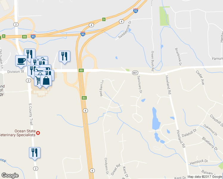map of restaurants, bars, coffee shops, grocery stores, and more near 100 Red Barn Lane in East Greenwich