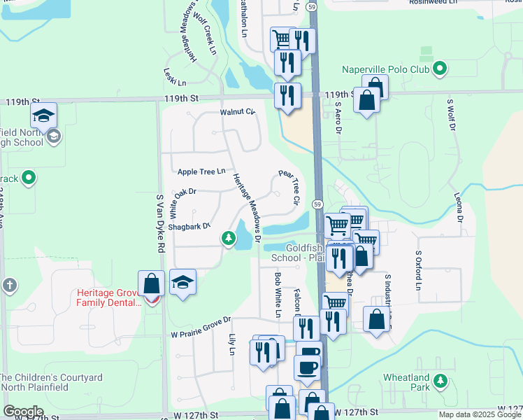 map of restaurants, bars, coffee shops, grocery stores, and more near 24002 Pear Tree Circle in Plainfield
