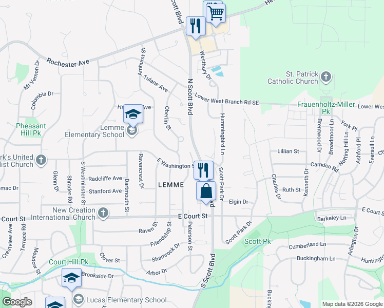 map of restaurants, bars, coffee shops, grocery stores, and more near 13 North Scott Boulevard in Iowa City