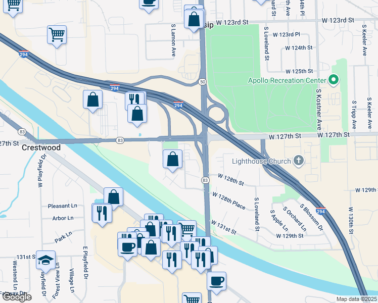 map of restaurants, bars, coffee shops, grocery stores, and more near 12727 South La Crosse Avenue in Alsip