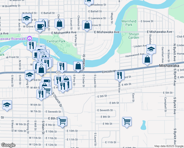 map of restaurants, bars, coffee shops, grocery stores, and more near 633 Lincolnway East in Mishawaka