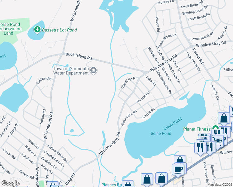 map of restaurants, bars, coffee shops, grocery stores, and more near 3 Circuit Road East in Yarmouth