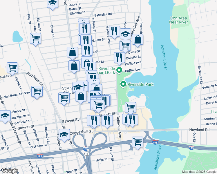 map of restaurants, bars, coffee shops, grocery stores, and more near 364 North Front Street in New Bedford