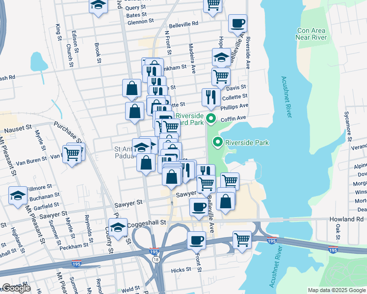 map of restaurants, bars, coffee shops, grocery stores, and more near 364 North Front Street in New Bedford