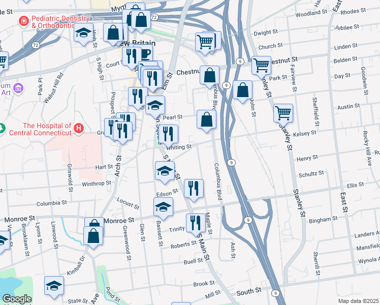map of restaurants, bars, coffee shops, grocery stores, and more near 131 Maple Street in New Britain