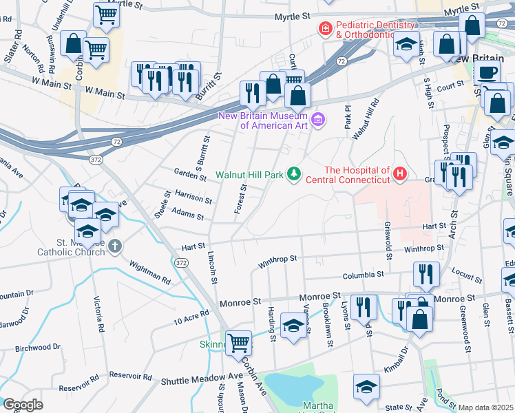 map of restaurants, bars, coffee shops, grocery stores, and more near 169 Vine Street in New Britain
