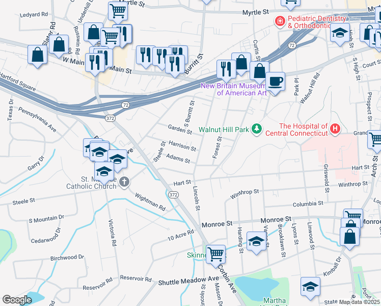 map of restaurants, bars, coffee shops, grocery stores, and more near 34 Harrison Street in New Britain
