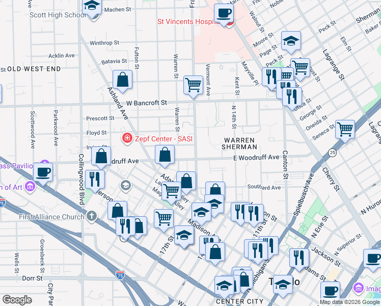 map of restaurants, bars, coffee shops, grocery stores, and more near 2011 Franklin Ave in Toledo