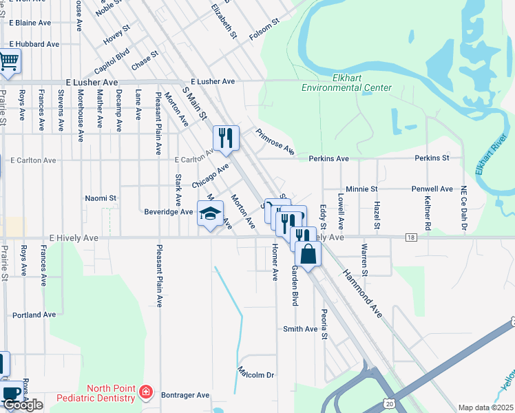 map of restaurants, bars, coffee shops, grocery stores, and more near 2622 Morton Avenue in Elkhart