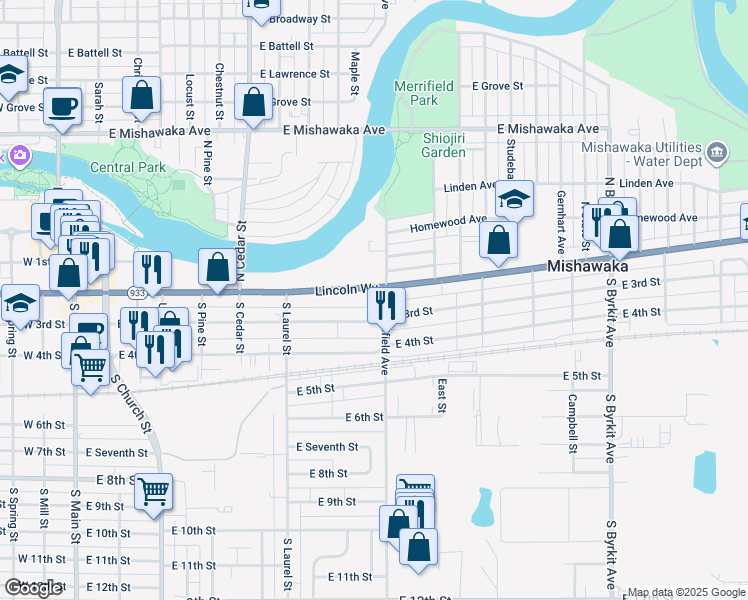 map of restaurants, bars, coffee shops, grocery stores, and more near 855 Lincolnway East in Mishawaka