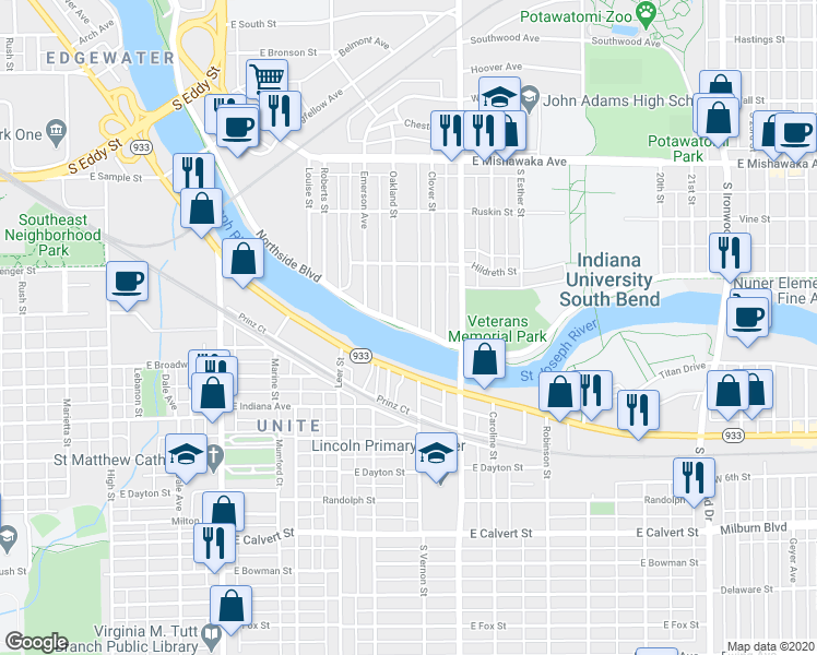 map of restaurants, bars, coffee shops, grocery stores, and more near 1411 Northside Boulevard in South Bend