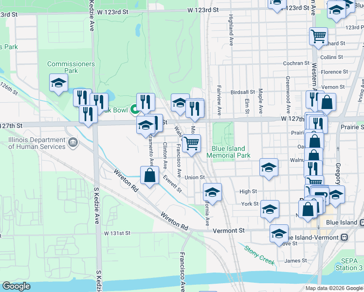 map of restaurants, bars, coffee shops, grocery stores, and more near 12749 Mozart Street in Blue Island