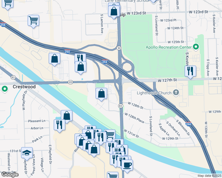 map of restaurants, bars, coffee shops, grocery stores, and more near 12727 South La Crosse Avenue in Alsip