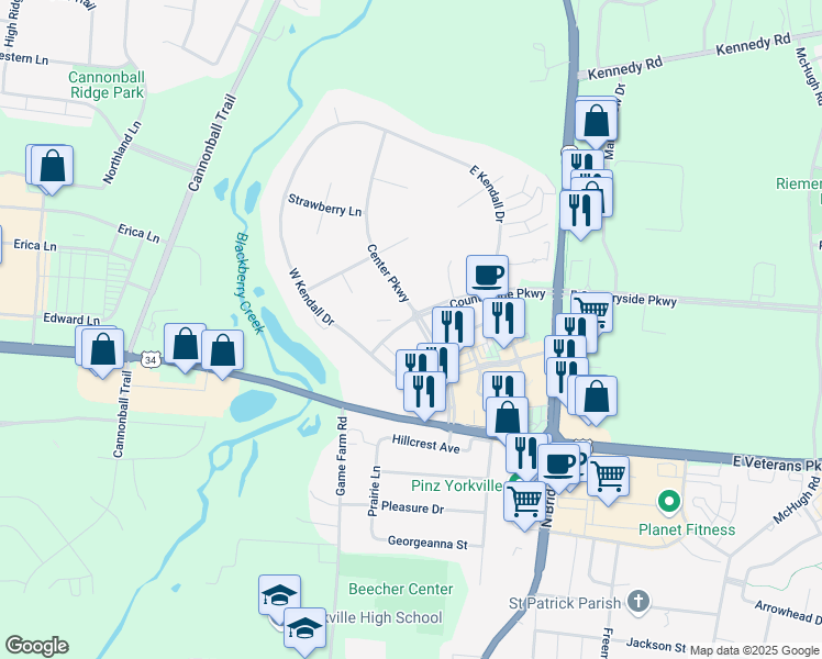 map of restaurants, bars, coffee shops, grocery stores, and more near 76 West Countryside Parkway in Yorkville
