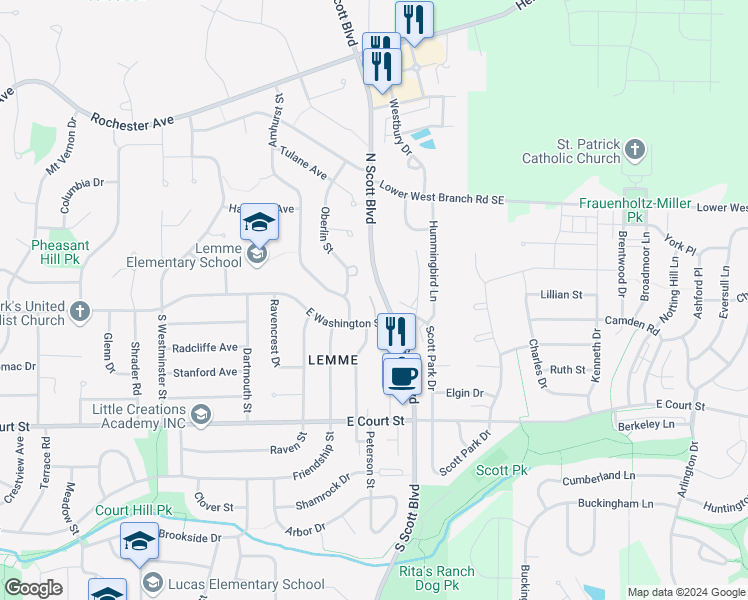 map of restaurants, bars, coffee shops, grocery stores, and more near 62 Oberlin Street in Iowa City