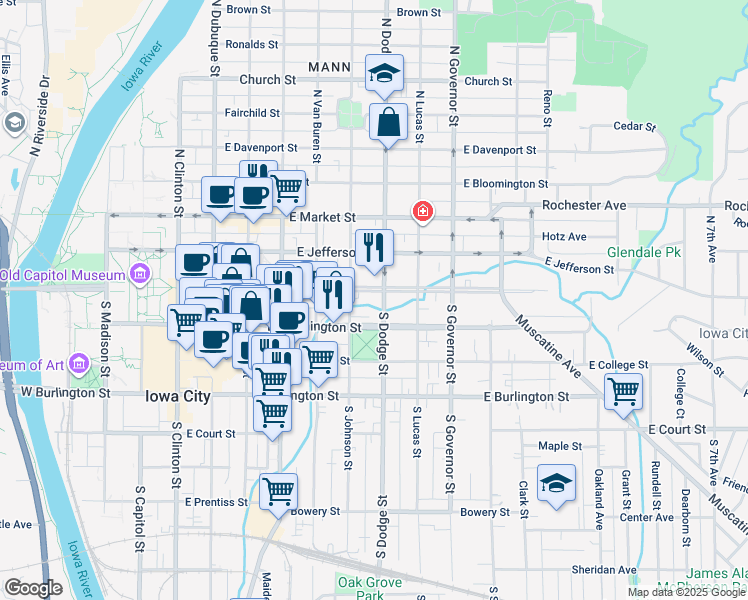 map of restaurants, bars, coffee shops, grocery stores, and more near 703 Iowa Avenue in Iowa City