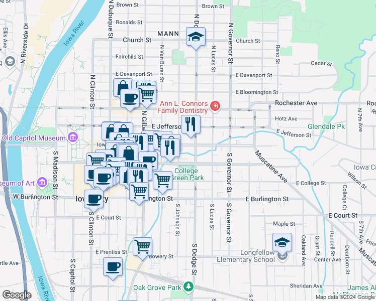 map of restaurants, bars, coffee shops, grocery stores, and more near 6 South Johnson Street in Iowa City