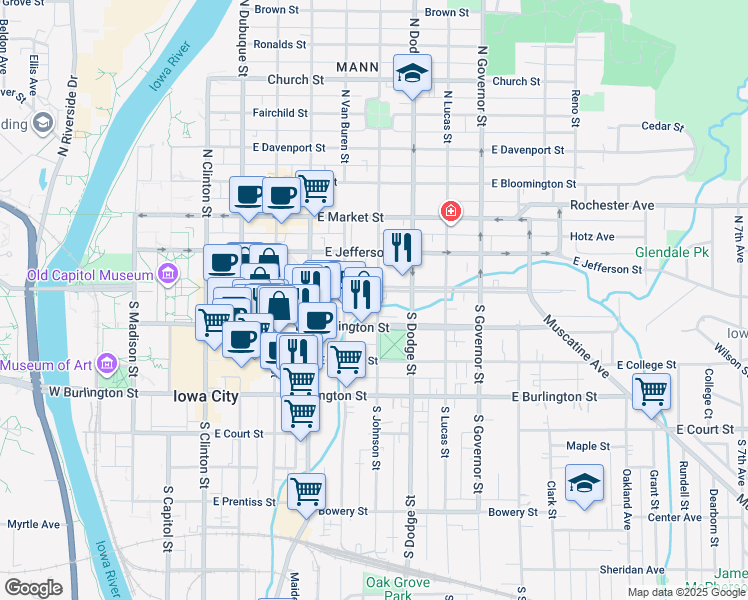 map of restaurants, bars, coffee shops, grocery stores, and more near 6 South Johnson Street in Iowa City