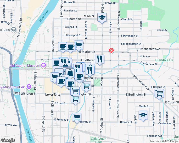 map of restaurants, bars, coffee shops, grocery stores, and more near 505 Iowa Avenue in Iowa City