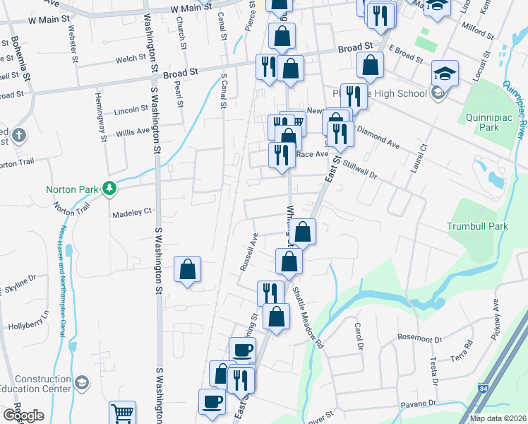 map of restaurants, bars, coffee shops, grocery stores, and more near 35 Burnside Avenue in Plainville