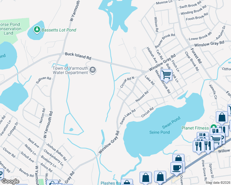 map of restaurants, bars, coffee shops, grocery stores, and more near 3 Circuit Road East in Yarmouth