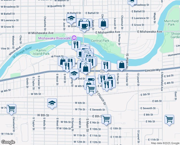 map of restaurants, bars, coffee shops, grocery stores, and more near 107 Lincolnway East in Mishawaka