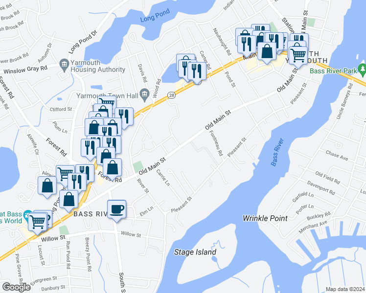 map of restaurants, bars, coffee shops, grocery stores, and more near 149 Old Main Street in Yarmouth