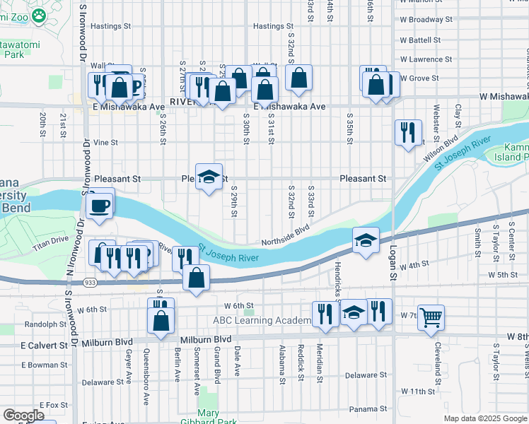 map of restaurants, bars, coffee shops, grocery stores, and more near 1306 South 30th Street in South Bend