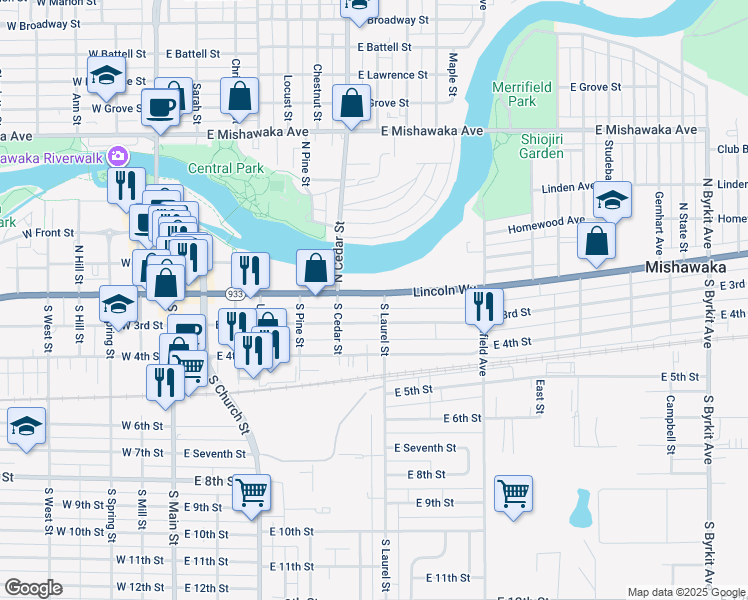 map of restaurants, bars, coffee shops, grocery stores, and more near 635 Lincolnway East in Mishawaka