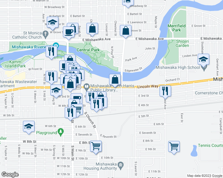 map of restaurants, bars, coffee shops, grocery stores, and more near 501 Lincolnway East in Mishawaka