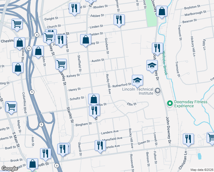map of restaurants, bars, coffee shops, grocery stores, and more near 167 Henry Street in New Britain