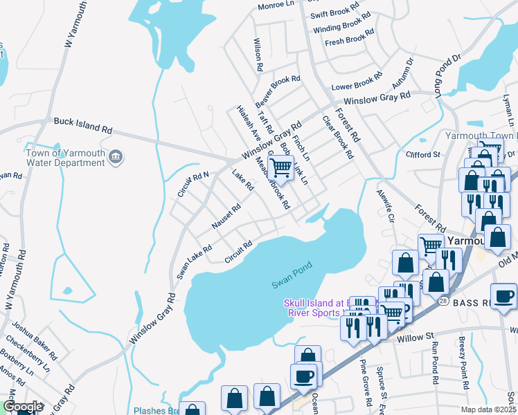 map of restaurants, bars, coffee shops, grocery stores, and more near 43 Lake Road in Yarmouth