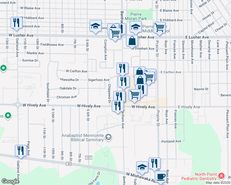 map of restaurants, bars, coffee shops, grocery stores, and more near 2509 Ottawa Drive in Elkhart