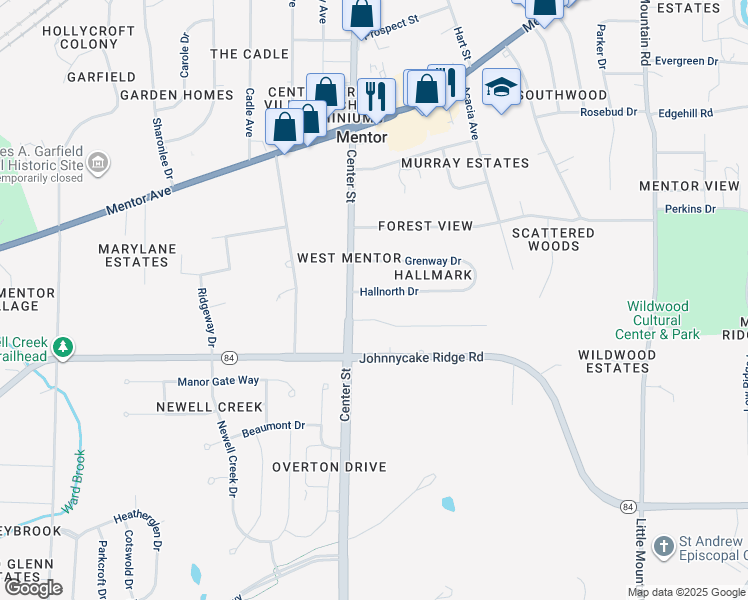 map of restaurants, bars, coffee shops, grocery stores, and more near 8428 Hallnorth Drive in Mentor