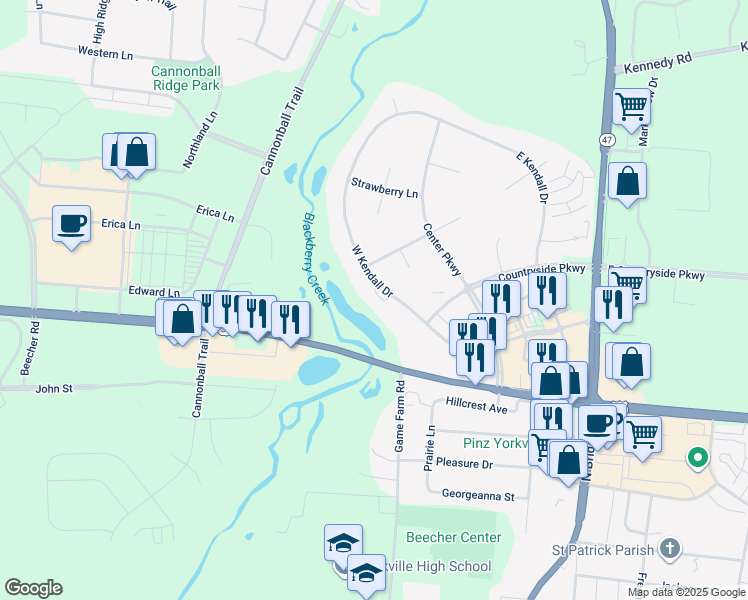 map of restaurants, bars, coffee shops, grocery stores, and more near 407 West Kendall Drive in Yorkville